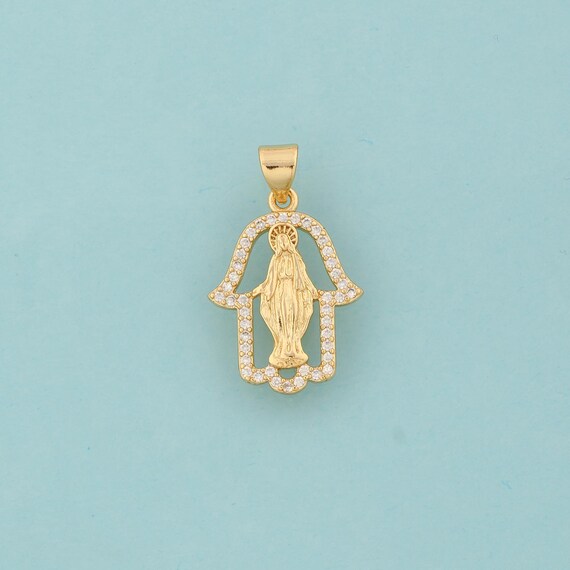 Gold CZ Virgin Mary Charms,Religion Jewelry,Hamsa Pendant for DIY Jewelry Making,18K Gold