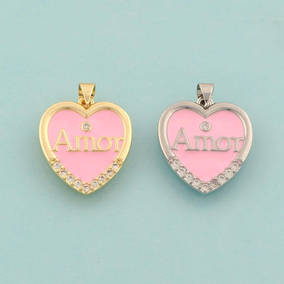 Gold CZ Amor Charms,Enamel Heart Jewelry,Letter Pendant for DIY Jewelry Making,18K Gold