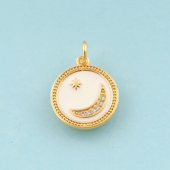 Gold Enamel Moon Charms,Star Jewelry,Celestial Pendant for DIY Jewelry Making,18K Gold