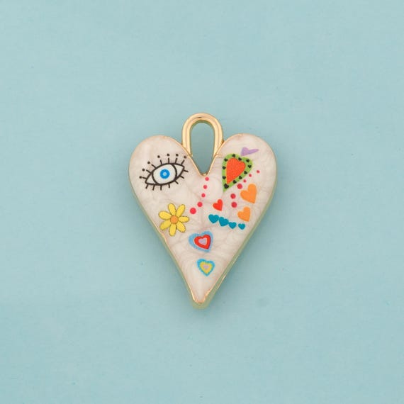 Gold Enamel Heart Charms,Evil Eye Jewelry,Flower Pendant for DIY Jewelry Making,18K Gold