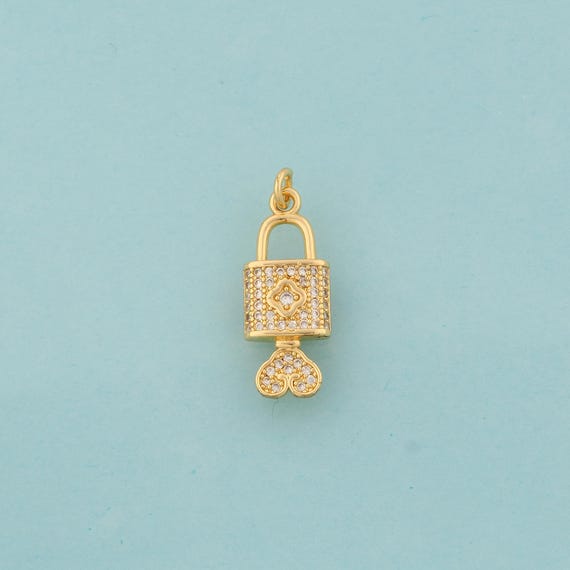 Gold CZ Lock Charms,Key Jewelry,Heart Pendant for DIY Jewelry Making,18K Gold