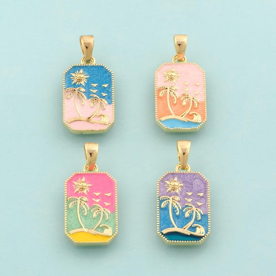 Gold Beach Charms,Coconut Tree Jewelry,Enamel Palm Tree Pendant for DIY Jewelry Making,18K Gold