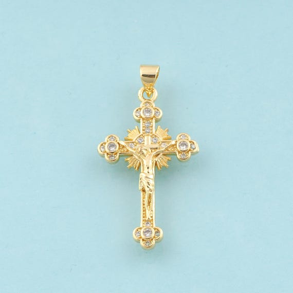 Gold CZ Cross Charms,Religious Jewelry,Victim Pendant for DIY Jewelry Making,18K Gold