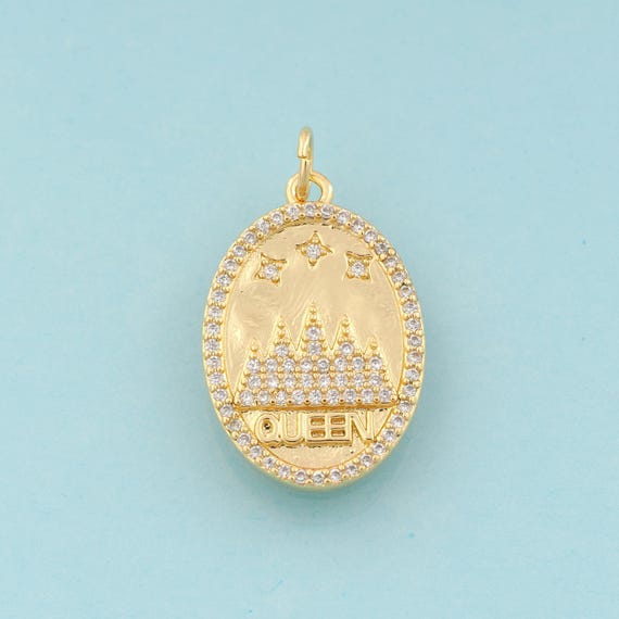 Gold CZ QUEEN Charms,Star Jewelry,Oval Pendant for DIY Jewelry Making,18K Gold