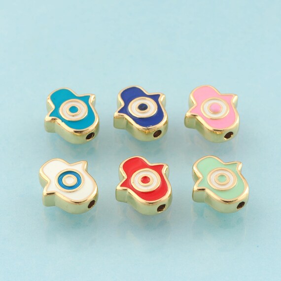 Enamel Fatima Spacer Beads,Hamsa Beads,Hand Beads for DIY Jewelry Making,18K Gold