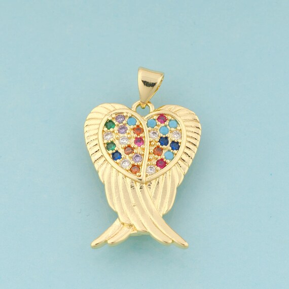 Gold CZ Wing Charms,Heart Jewelry,Wing Pendant for DIY Jewelry Making,18K Gold