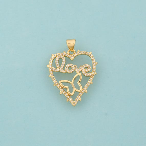Gold CZ Heart Charms,Love Jewelry,Butterfly Pendant for DIY Jewelry Making,18K Gold