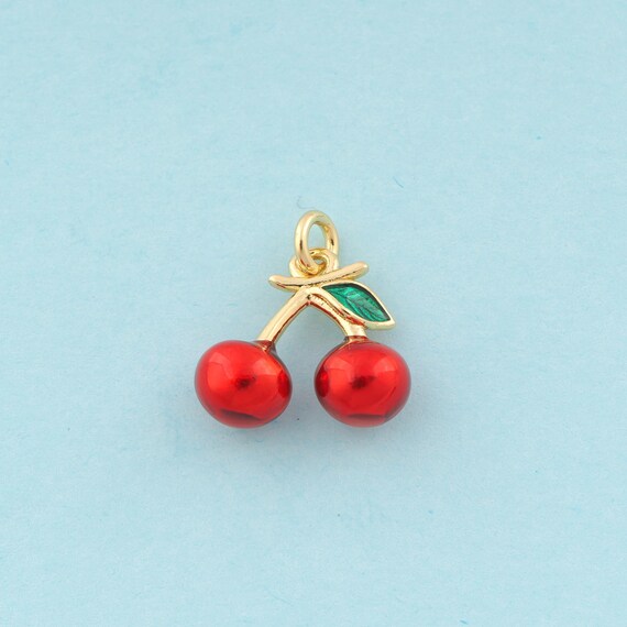 Gold Enamel Cherry Charms,Fruit Jewelry,Cherry Pendant for DIY Jewelry Making,18K Gold