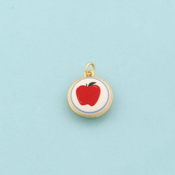 Gold Enamel Apple Charms,Fruit Jewelry,Round Pendant for DIY Jewelry Making,18K Gold