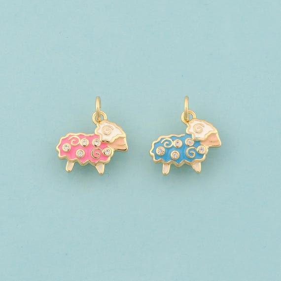 Gold CZ Sheep Charms,Animal Jewelry,Enamel Sheep Pendant for DIY Jewelry Making,18K Gold
