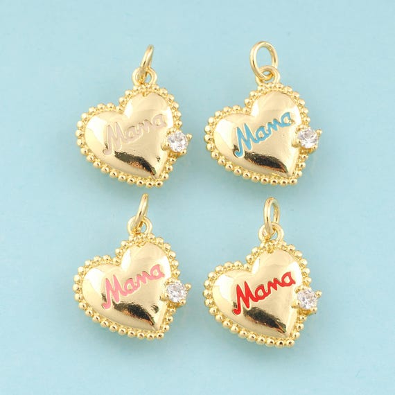 Gold Enamel MAMA Charms,Heart Jewelry,Letter Pendant for DIY Jewelry Making,18K Gold