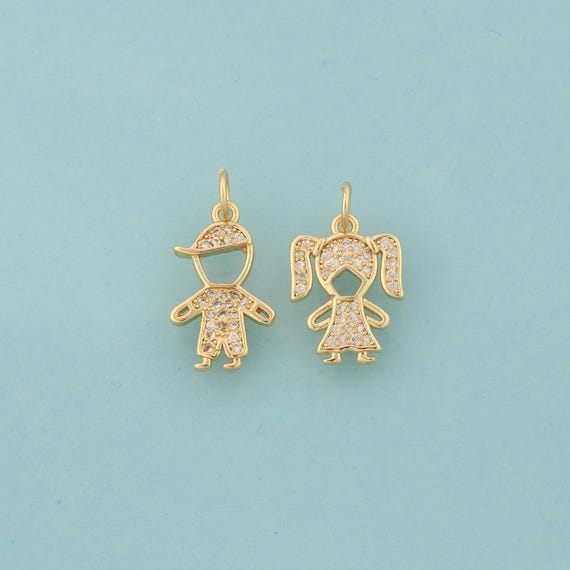 Gold CZ Character Charms,Boy Jewelry,Girl Pendant for DIY Jewelry Making,18K Gold