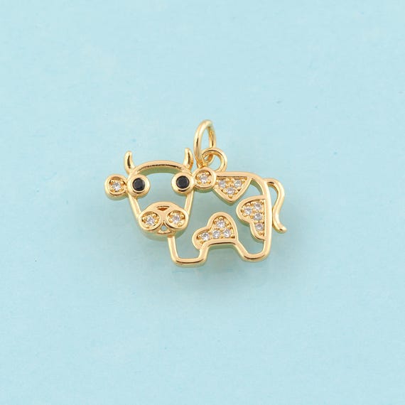 Gold CZ Cow Charms,Animal Jewelry,Cow Pendant for DIY Jewelry Making,18K Gold
