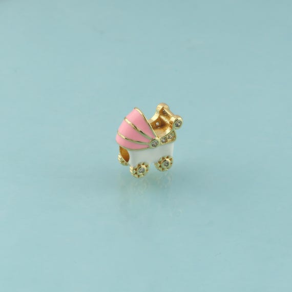 CZ Baby Stroller Spacer Beads,Large Hole Beads,Enamel Baby Stroller Beads for DIY Jewelry Making,18K Gold