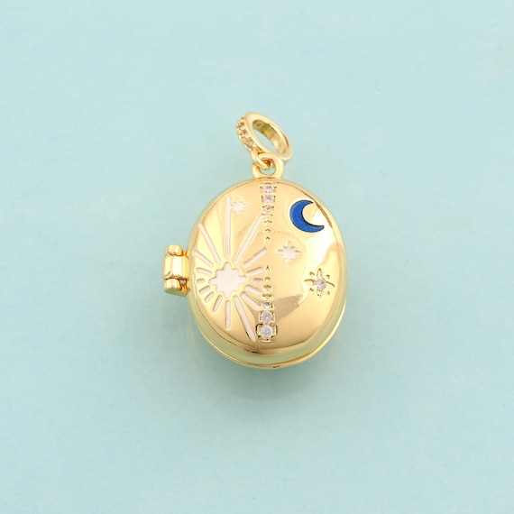 Gold Enamel Sun Moon Star Charms,CZ Photo Frame Jewelry,Celestial Pendant for DIY Jewelry Making,18K Gold