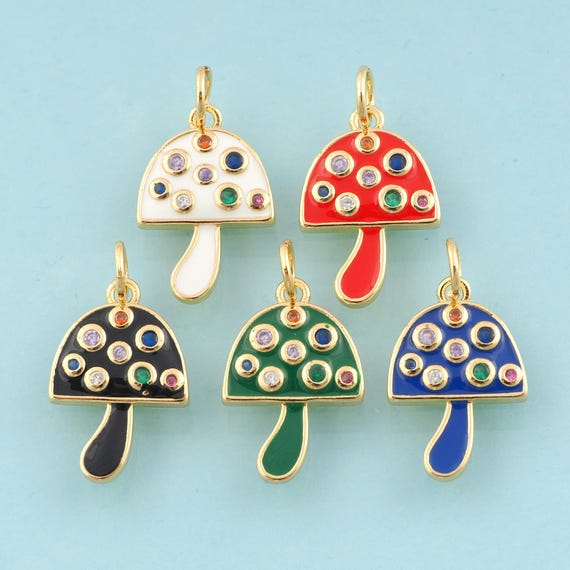 Gold CZ Mushroom Charms,Mushroom Jewelry,Enamel Mushroom Pendant for DIY Jewelry Making,18K Gold