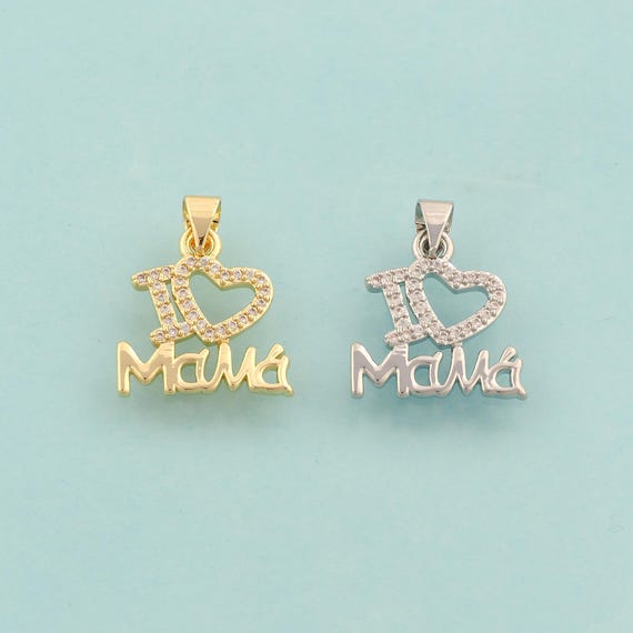Gold CZ I Love MAMA Charms,Heart Jewelry,Letter Pendant for DIY Jewelry Making,18K Gold