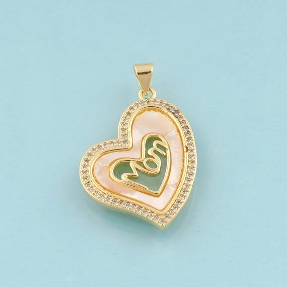 Gold CZ MOM Charms,Heart Jewelry,Fritillary Letter Pendant for DIY Jewelry Making,18K Gold