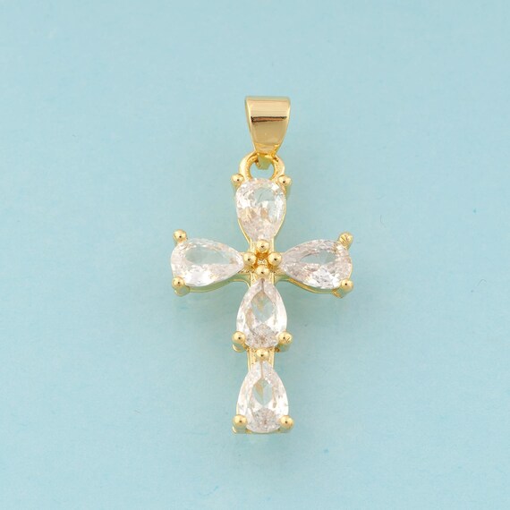 Gold CZ Cross Charms,Religious Jewelry,Christian Pendant for DIY Jewelry Making,18K Gold