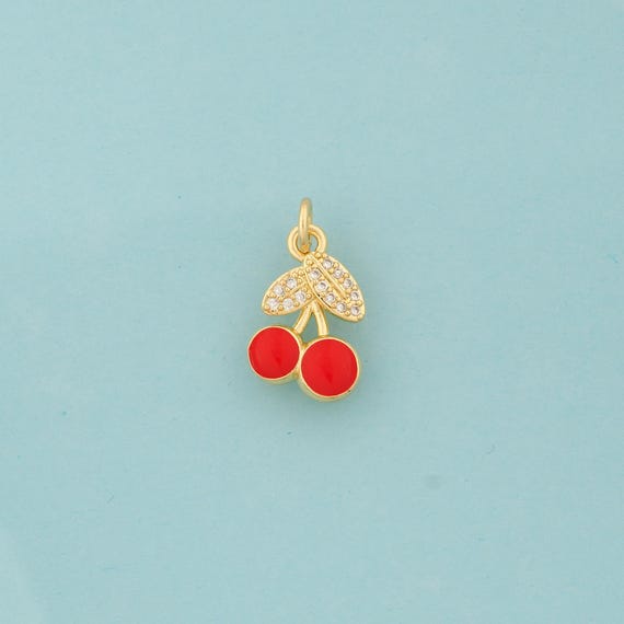 Gold Enamel Cherry Charms,CZ Fruit Jewelry,Cherry Pendant for DIY Jewelry Making,18K Gold