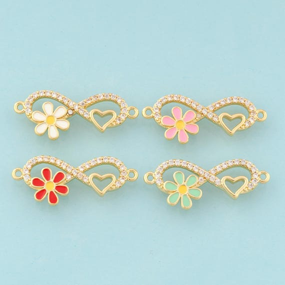 Gold CZ Flower Connector,Enamel Heart Jewelry Connector,Infinity Connector for DIY Jewelry Making,18K Gold