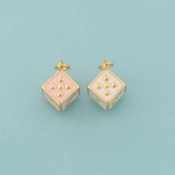 Gold Dice Charms,Polyhedron Jewelry,Enamel Heart Pendant for DIY Jewelry Making,18K Gold
