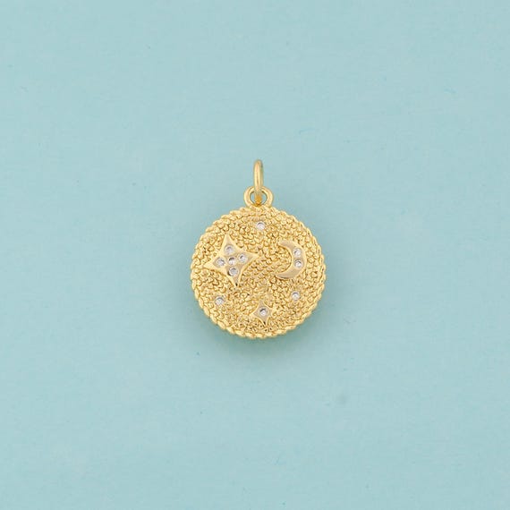 Gold CZ Star Charms,Moon Jewelry,Round Pendant for DIY Jewelry Making,18K Gold