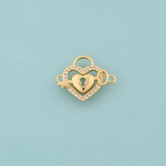 Gold CZ Heart Connector,Lock Jewelry Connector,Key Connector for DIY Jewelry Making,18K Gold