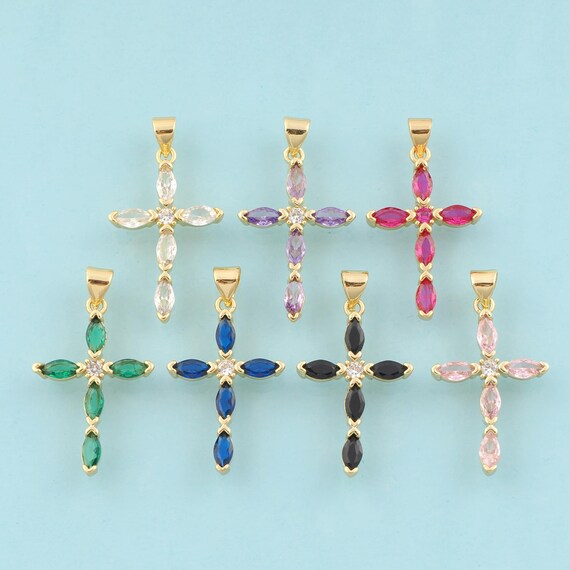 Gold CZ Cross Charms,Religious Jewelry,Christian Pendant for DIY Jewelry Making,18K Gold