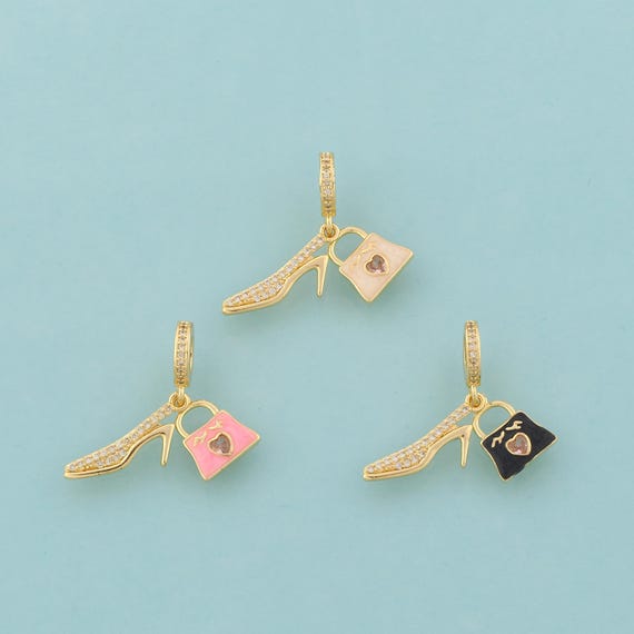 Gold CZ High Heels Charms,Handbag Jewelry,Enamel High Heels Pendant for DIY Jewelry Making,18K Gold