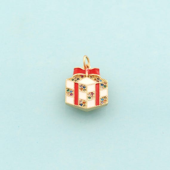 Gold CZ Christmas Gift Box Charms,Christmas Jewelry,Enamel Gift Box Pendant for DIY Jewelry Making,18K Gold