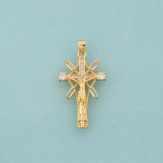 Gold CZ Cross Charms,Victim Jewelry,Christian Pendant for DIY Jewelry Making,18K Gold