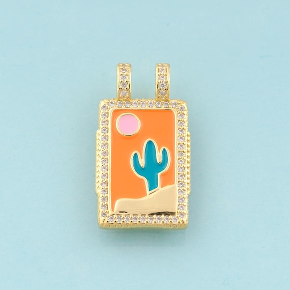 Gold CZ Cactus Charms,Sun Jewelry,Enamel Square Pendant for DIY Jewelry Making,18K Gold