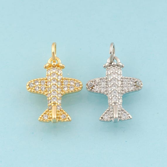 Gold CZ Airplane Charms,Airplane Jewelry,Airplane Pendant for DIY Jewelry Making,18K Gold & Rhodium