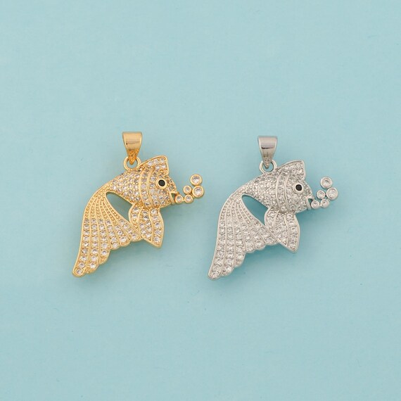 Gold CZ Fish Charms,Marine Life Jewelry,Fish Pendant for DIY Jewelry Making,18K Gold