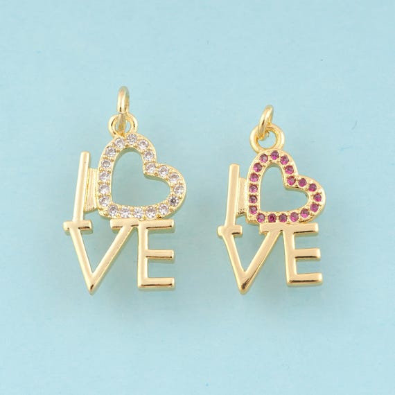 Gold CZ LOVE Charms,Heart Jewelry,Letter Pendant for DIY Jewelry Making,18K Gold