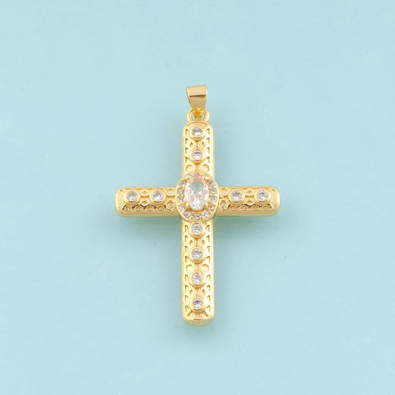Gold CZ Cross Charms,Religious Jewelry,Christian Pendant for DIY Jewelry Making,18K Gold