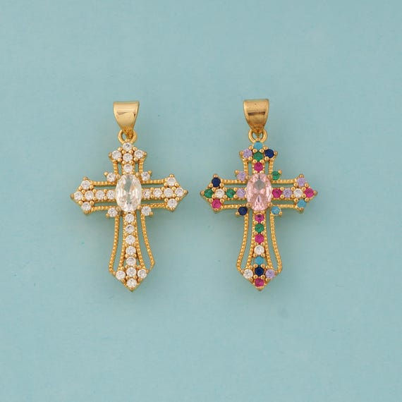 Gold CZ Cross Charms,Religious Jewelry,Christian Pendant for DIY Jewelry Making,18K Gold