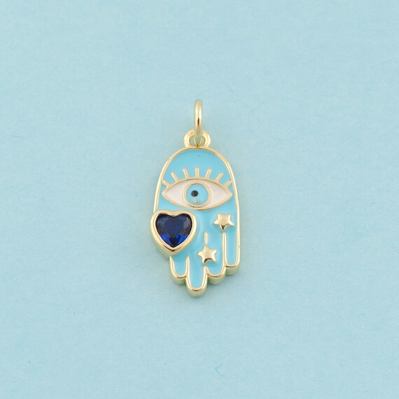 Gold CZ Fatima Charms,Heart Jewelry,Enamel Evil Eye Pendant for DIY Jewelry Making,18K Gold