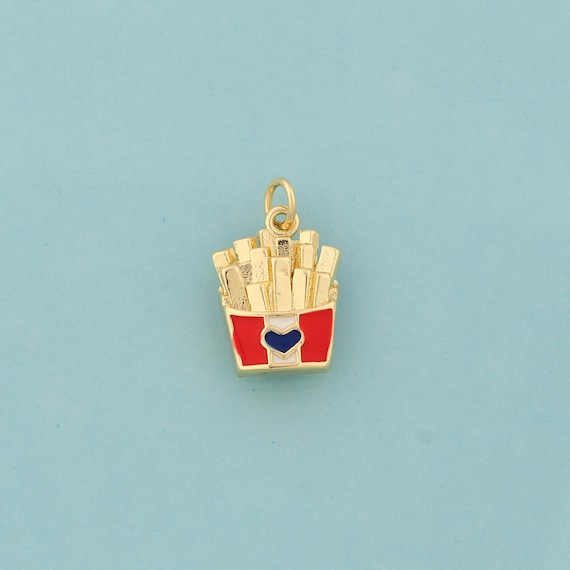 Gold Enamel French Fries Charms,Gourmet Jewelry,Heart Pendant for DIY Jewelry Making,18K Gold
