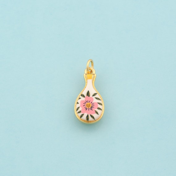 Gold Vase Charms,Flower Jewelry,Enamel Vase Pendant for DIY Jewelry Making,18K Gold