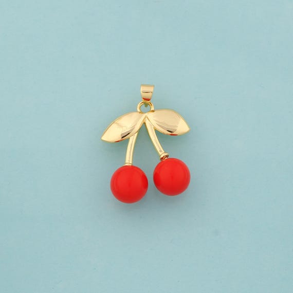Gold Enamel Cherry Charms,Fruit Jewelry,Cherry Pendant for DIY Jewelry Making,18K Gold