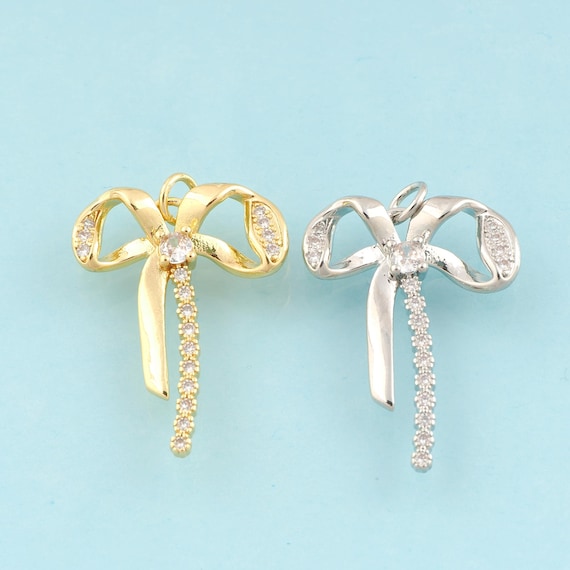 Gold CZ Bow Charms,Minimalist Jewelry,Bow Pendant for DIY Jewelry Making,18K Gold & Rhodium