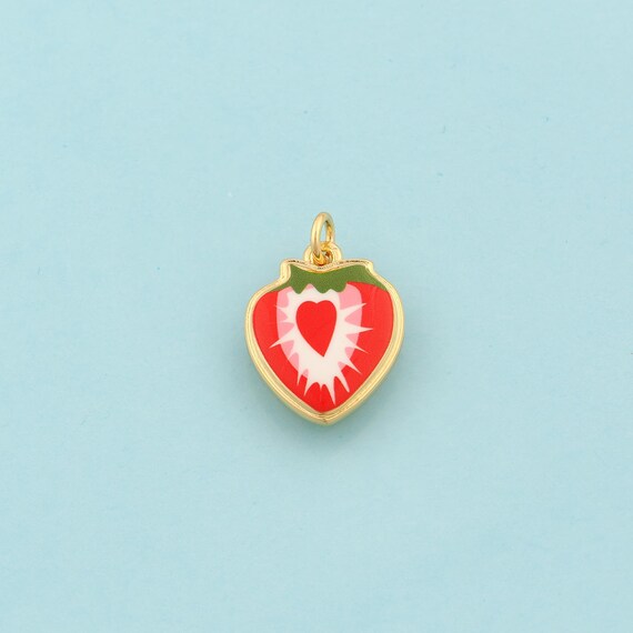 Gold Strawberry Charms,Fruit Jewelry,Enamel Heart Pendant for DIY Jewelry Making,18K Gold