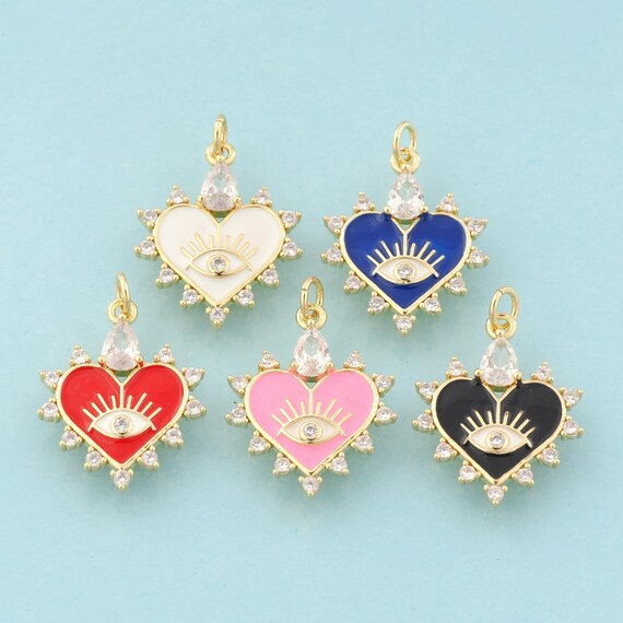 Gold CZ Heart Charms,Evil Eye Jewelry,Enamel Devil Eye Pendant for DIY Jewelry Making,18K Gold