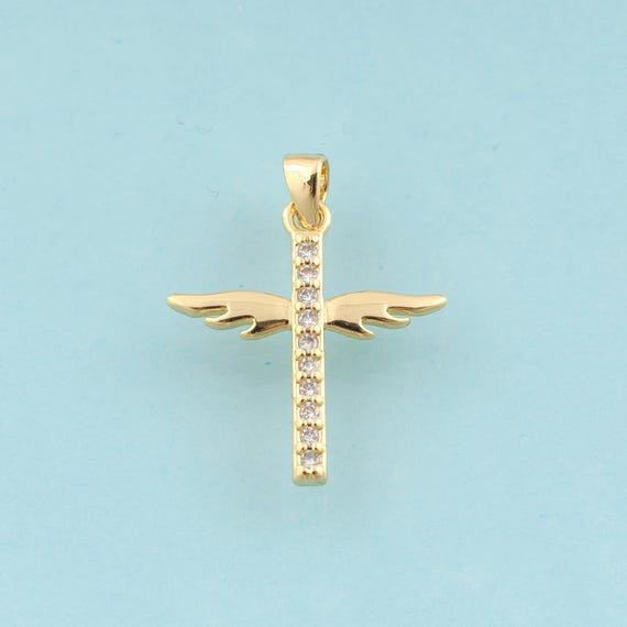 Gold CZ Cross Charms,Religious Jewelry,Wing Pendant for DIY Jewelry Making,18K Gold