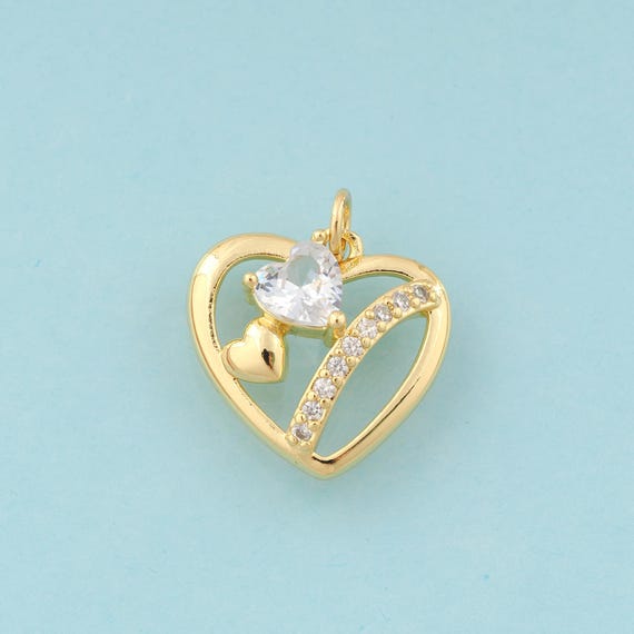 Gold CZ Heart Charms,Heart Jewelry,Heart Pendant for DIY Jewelry Making,18K Gold