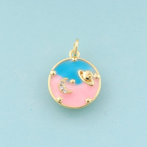 Gold CZ Moon Charms,Saturn Jewelry,Enamel Star Pendant for DIY Jewelry Making,18K Gold