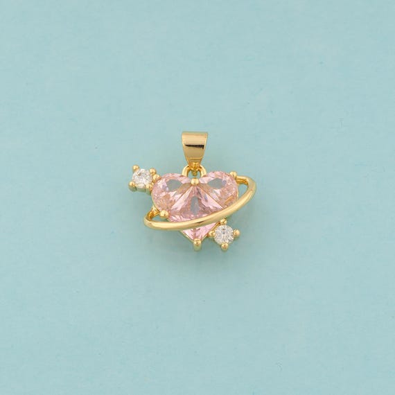 Gold CZ Heart Charms,Love Jewelry,Saturn Pendant for DIY Jewelry Making,18K Gold