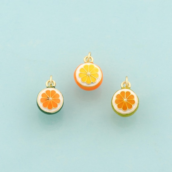 Gold Orange Charms,Fruit Jewelry,Enamel Orange Pendant for DIY Jewelry Making,18K Gold